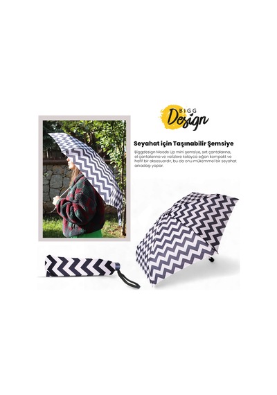 Biggdesign Moods Up Siyah Beyaz Zikzaklı Manuel Mini Şemsiye - Rüzgara Dayanıklı, Hafif, Renkli Tasarım Çok Renkli