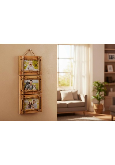 El Yapımı Doğal Ahşap 3 Lü Bambu Bamboo Fotoğraf Çerçevesi Dekoratif Ev Ofis Hediyesi Duvar Süsü - 6
