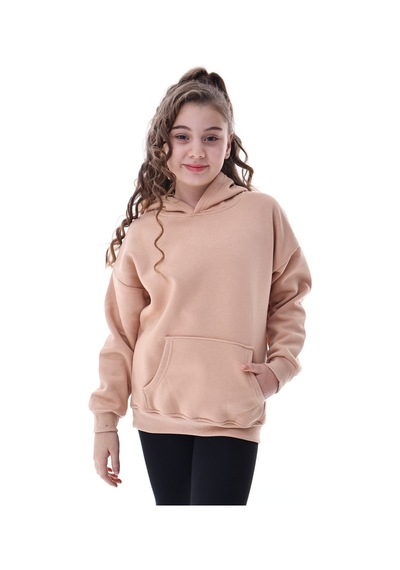Unisex Çocuk Kapüşonlu Sweatshirt Rahat Günlük Spor Giyim Oversize Model Krem Renkli Bej