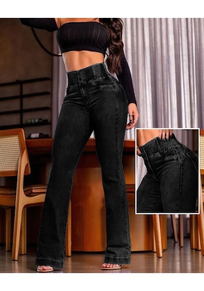 Etiler Collection Kadın Yüksek Bel Yanları Lastik Önü Düğmeli Kot Pantolon Siyah