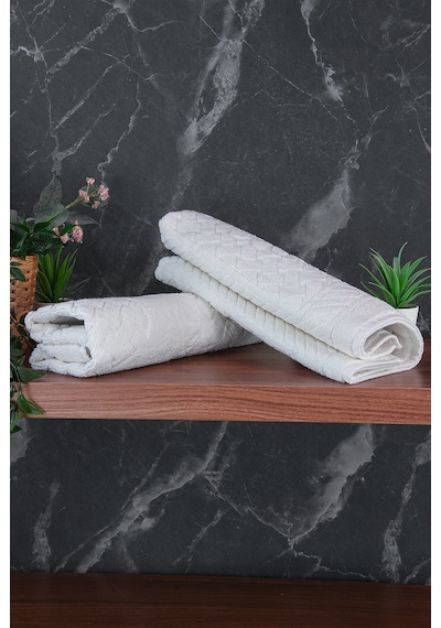 Ayak İzi Desenli 2li Ayak Havlusu - 50x70 Cm - Su Emici Banyo Paspası Seti - Beyaz Beyaz