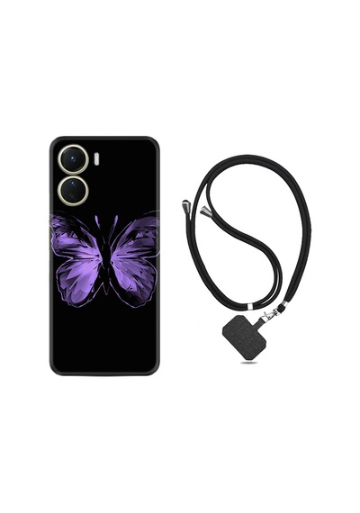 Vivo Y16 Kılıf İpli Boyun Askılı Desenli Silikon Black Butterfly 1879