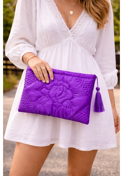 Ky Atelier Mor Saten Kapitone Portföy Çanta- El Yapımı Clutch- Abiye & Günlük Kullanım- Şık Kadın Çanta