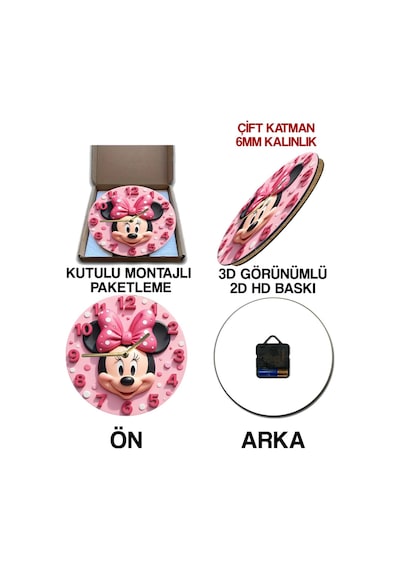 Minnie Mouse Temalı Pembe Mdf Duvar Saati 3d Görünümlü, Sessiz Mekanizmalı, 2d Hd Baskı Sdw235 Renkli