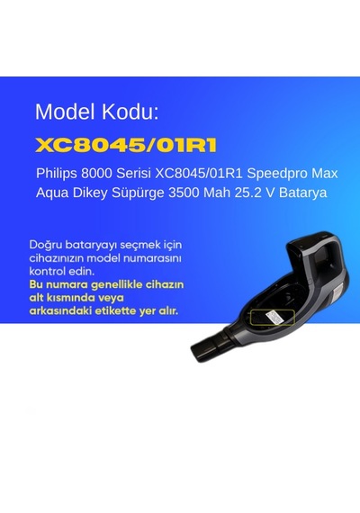 Philips 8000 Serisi Xc8045/01r1 Speedpro Max Aqua Dikey Süpürge 3500 Mah 25.2 V Batarya  Uyumlu Uzun Ömürlü, Maksimum Performans Pil
