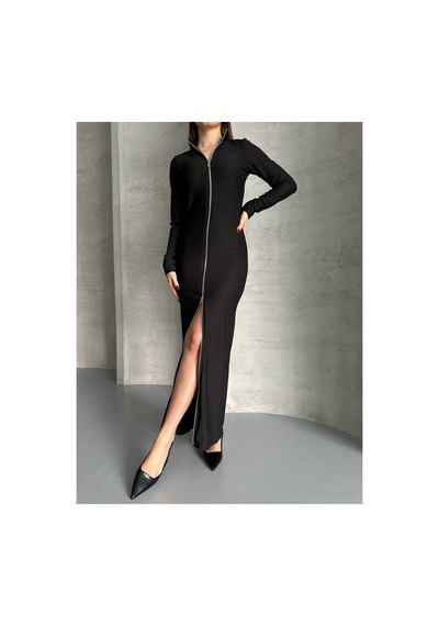 Asur Boutique Asur Butik Kadın Ottoman Kumaş Fermuarlı Uzun Elbise Siyah