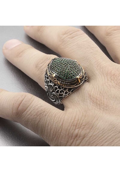 Gümüş Yeşil Zirkon Taşlı Oval Erkek Yüzük (551185715)