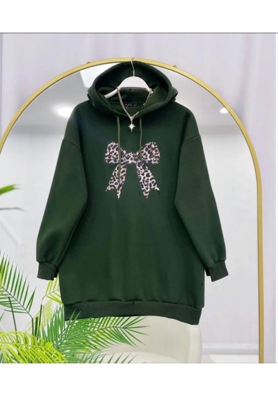 Lovie Moda Kadın Leopar Fiyonk Baskılı Sweatshirt Haki