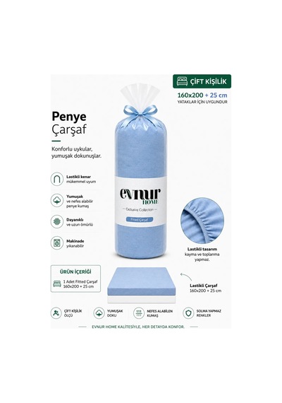 Evnur Çift Kişilik Penye Çarşaf Mavi