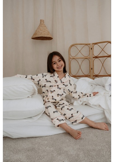 Köpek Baskılı Yaka Detaylı Çocuk Pijama Takımı Krem
