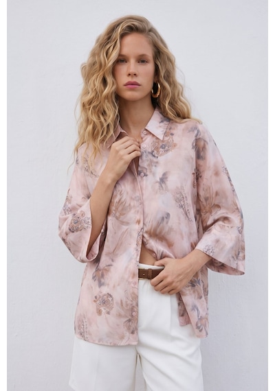 Sateen Yarasa Kol Desenli İnce Gömlek - Pudra-137688