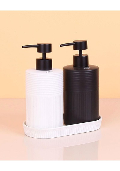 2 Li Stonware Seramik Sıvı Sabunluk 400ml + 400ml Tepsili