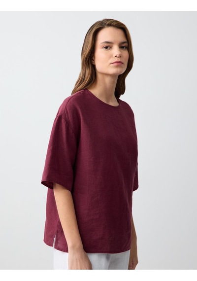 Jimmy Key Bordo %100 Keten Rahat Kesim Kısa Kollu Bisiklet Yaka Bluz 5sw032574562
