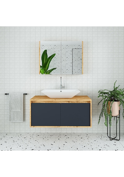 Banos Roomart Lavabolu Ahşap-Antrasit 100 Cm Banyo Dolabı + Ayna Antrasit Banos Roomart Lavabolu Ahşap-Antrasit 100 Cm Banyo Dolabı + Ayna Antrasit