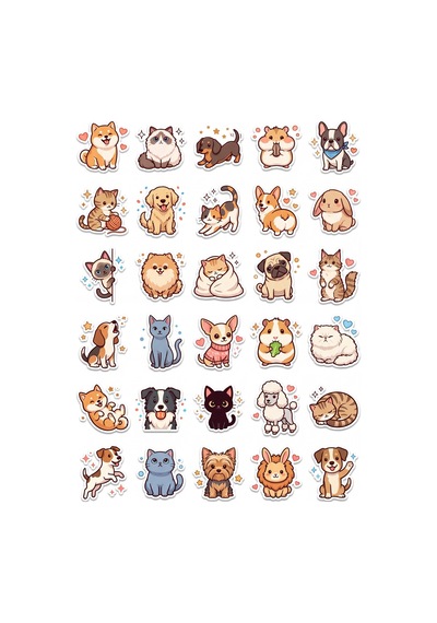 30 Adet Kedi Ve Köpek Sticker Seti - Laptop Defter Telefon İçin Çok Renkli
