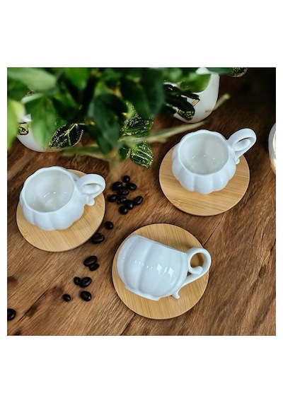 6 Kişilik Bambu Tabaklı Beyaz Porselen Kahve Fincan Takımı