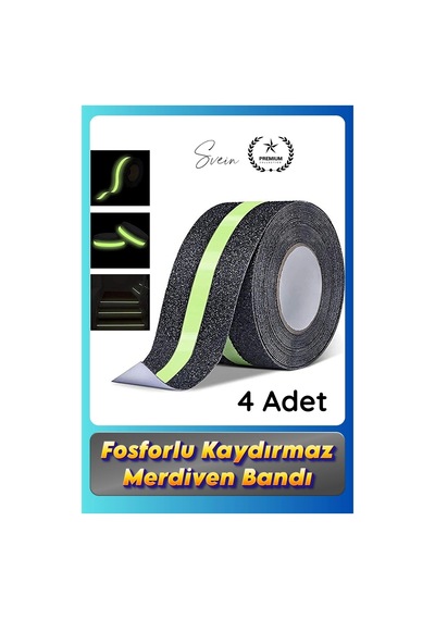 Bant 4 Adet Fosforlu Kaydırmaz Merdiven Bandı 5 Cm X 3 M Fotolümenli Yeşil Zemin Güvenlik Basamak