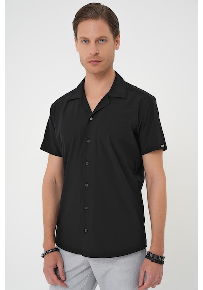 Efor Slim Fit Apaş Yaka Kısa Kol Esnek Casual Siyah Gömlek G 1589 Siyah