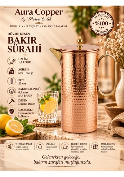 Aura Copper Bakır Sürahi 1,3 L Kapaklı Dövme Desen El Yapımı 22 Cm 0,8 Mm