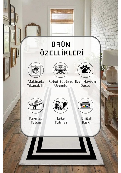 Çerçeve Krem Siyah Yıkanabilir Yolluk