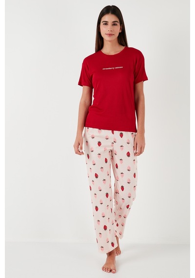 Lela Regular Fit Bisiklet Yaka Kısa Kollu Bayan Pijama Takımı 65770105 Kırmızı