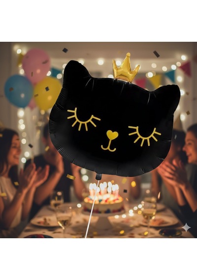30 İnç Siyah Kedi Kafası Taçlı Folyo Balon - Doğum Günü Parti Dekorasyon Balonu Çok Renkli