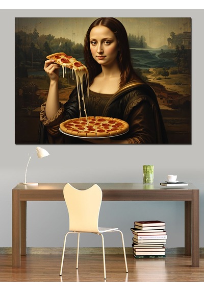 Pizza Yiyen Mona Lisa Dekoratif Kanvas - Mdf Ahşap Tablo