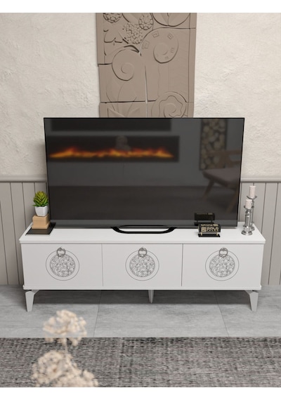 Tv Sehpası Tv Ünitesi Beyaz Gümüş 160 Cm Saraylı 5063 Metalik
