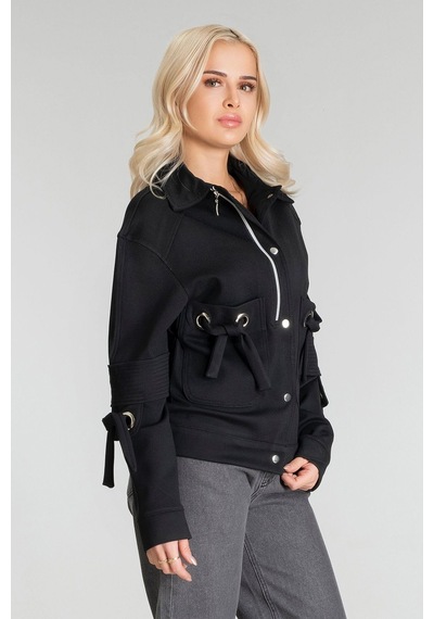 Bold & Young Kadın Viskon Polyester Likralı Kumaş Kuş Gözü Ve Fermuar Aksesuarlı Çıt Çıtlı Cepli Ceket Siyah