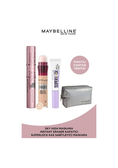 Maybelline New York Sky High Maskara & Super Lock Kaş Sabitleyici + Instant Eraser Kapatıcı 01 + Makyaj Çantası