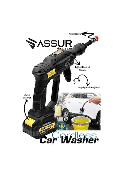 Assur Plus 21V Kömürsüz Motor Yüksek Basınçlı Akülü Oto Araba Yıkama Makinesi Şarjlı - 2856