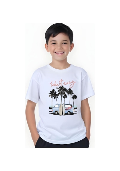 Panios Kids Summer Van Baskılı Erkek Çocuk Yuvarlak Yaka Kısa Kollu T-shirt Beyaz
