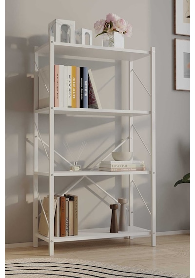 Dört Katli Çok Amaçli Rafli Kitaplik Beyaz Profil Beyaz Sunta 60x24x115 Cm Mtl021