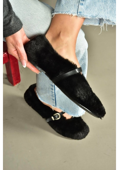 Fox Shoes V820105504 Siyah Peluş Günlük Düz Kadın Babet Siyah
