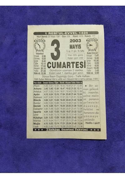 3 Mayıs 2003 Takvim Yaprağı - Nostaljik Koleksiyonluk Takvim Yaprağı