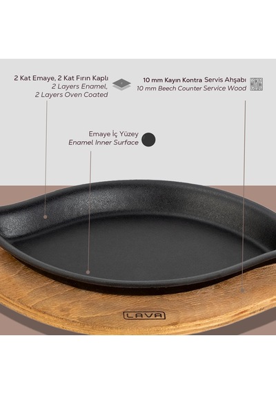 Lava Döküm Dikdörtgen Servis Tabağı Ve Ahşap Altlığı. Ölçü 15x26cm. Siyah