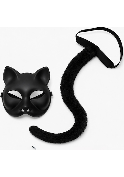 Siyah Kedi Maskesi Ve Peluş Kuyruk Kostüm Seti 70 Cm "