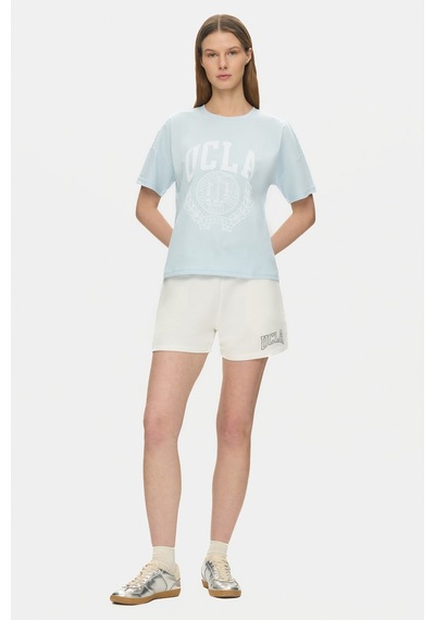 Ucla Avalon Gök Mavi Bisiklet Yaka Baskılı %100 Pamuk Loose Fit Kadın Tshirt Gök Mavisi
