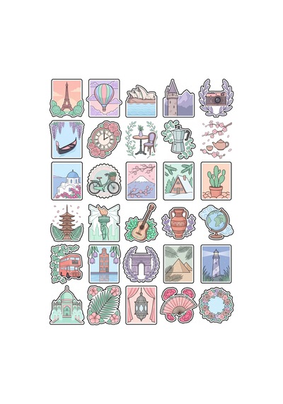 30 Adet Vintage Seyahat Posta Pulu Sticker Seti - Laptop Defter Ajanda İçin Çok Renkli