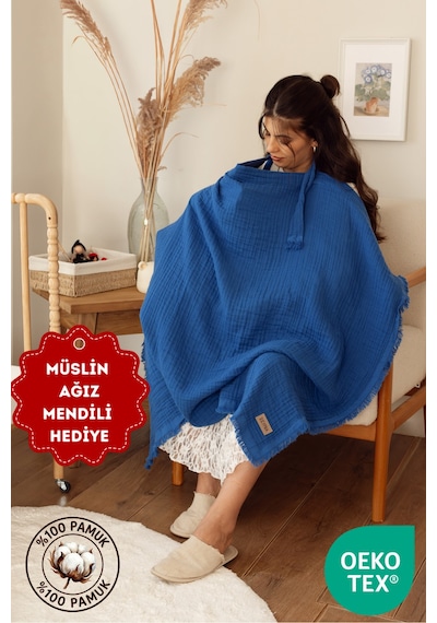 Zeypba %100 Pamuk İndigo 4 Katlı Müslin 4 Katlı Müslin Emzirme Örtüsü & Puset Örtüsü Püsküllü