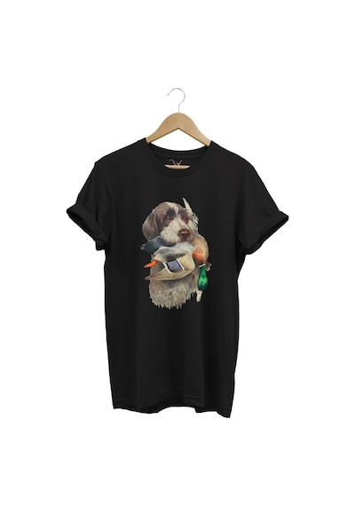 Avcılık Hunter Av Köpeği Ağzında Çulluk Kuşu Baskılı Çulluk Avı Regular Fit %100 Pamuk Siyah T-shirt Siyah