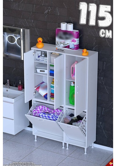 Sarer 115 Cm Çok Amaçlı Düzenleyici Ve Sepetli Banyo Dolabı - Beyaz 65+50 X160x32 Cm