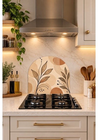 Gökçeoğlu Cam Ocak Arkası Koruyucu Cam Koruyucu Tezgah Ankastre Arkası Oval Şekilli Minimal Botanik Temalı 52 X 60 Çok Renkli