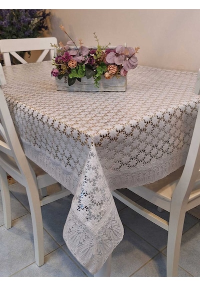 Dantel Kenarlı 120x150 Cm Pvc Muşamba Silinebilir Papatya Desenli Masa Örtüsü Beyaz