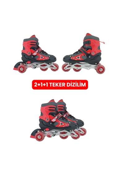 Vr1 - Metal 2+2 Işıklı 3in1 Ayarlanabilir Çocuk Pateni 2+1+1 / 2+2 Silikon Tekerli Uç Korumalı Kırmızı