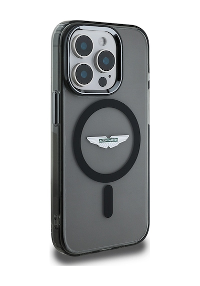 Apple Uyumlu iPhone 15 Pro Max Kılıf Aston Martin Lisanslı Magsafe Baskı Logolu Metal Düğmeli Kapak Siyah