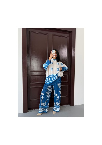 Wellway İthal Jessica Kumaş Gömlek & Pantolon 2li Takım-turkuaz Çiçekli-25100 Turkuaz