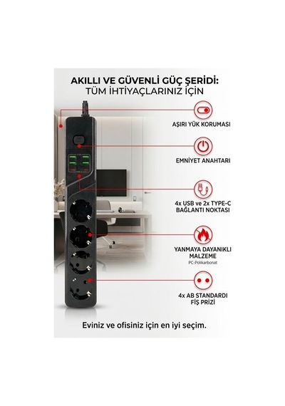 Akıllı Akım Korumalı Priz 4'lü Ab Standart Priz + 4x Usb & 2x Type-c Hızlı Şarj Portlu, Emniyet Anahtarlı Güç Şeridi - 936839411 Akıllı Akım Korumalı Priz 4'lü Ab Standart Priz + 4x Usb & 2x Type-c Hızlı Şarj Portlu, Emniyet Anahtarlı Güç Şeridi - 936839411