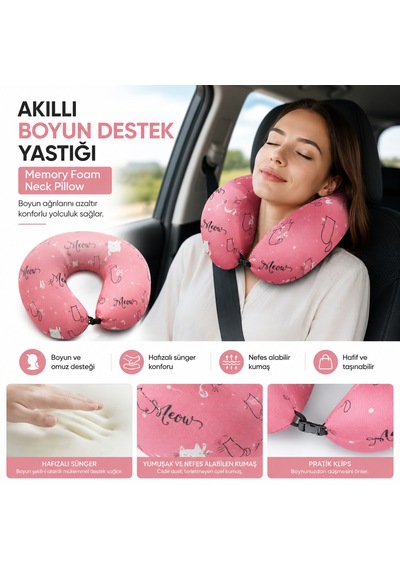 Akıllı Boyun Destek Yastığı Visco Hafızalı Süngerli Seyahat Yastığı Pembe Kedi Desenli 01