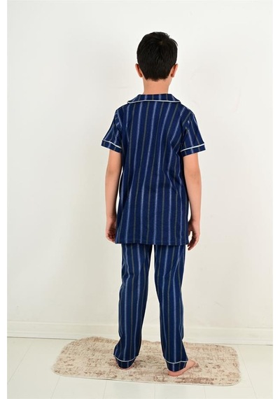 Vitmo erkek çocuk kısa kollu düğmeli pijama takımı atlas model indigo